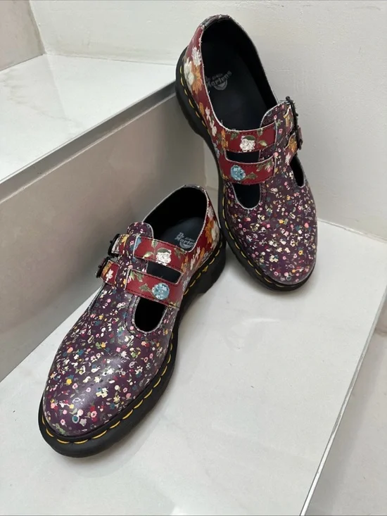 Dr Martens Floral Burgundy Mary Jane Shoes with Double Buckle womens sz 9 rare - Picture 5 of 16